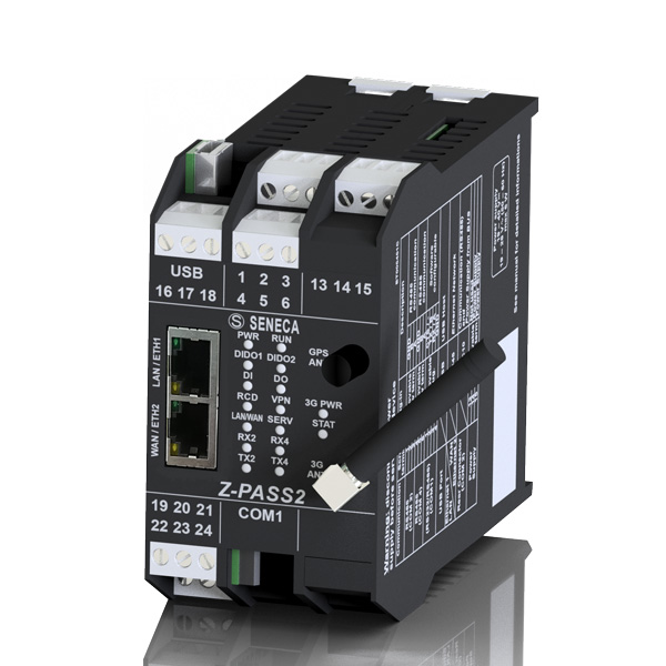 Z-PASS2-IO| Seneca |VPN Industrial Gateway - Serial Device Server, 2DI, 2DO, 2DI/DO, worldwide modem, 3G+/Ethernet Router, GPS